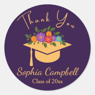 Purple Floral Graduation Classic Round Sticker