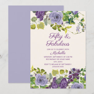 Purple Floral Green Leaves 50 Fabulous Birthday Invitation