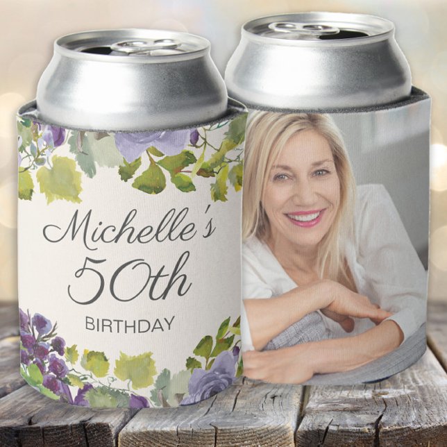Purple Floral Green Leaves 50th Birthday Photo  Can Cooler (Creator Uploaded)