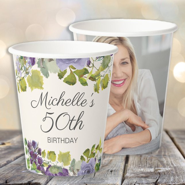 Purple Floral Green Leaves 50th Birthday Photo  Paper Cups (Purple floral and green leaves custom birthday party paper cups.)