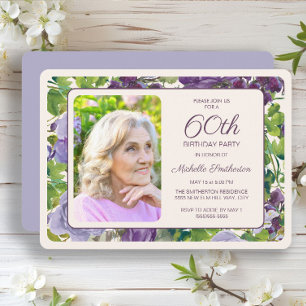 Purple Floral Green Leaves 60th Birthday Photo Invitation
