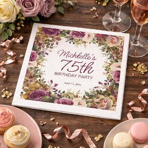 Purple Floral Green Leaves 75th Birthday Napkin