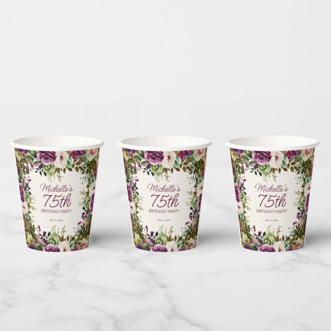 Purple Floral Green Leaves 75th Birthday Paper Cups (Multi)