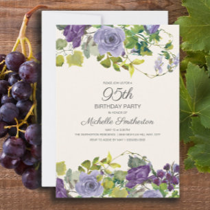 Purple Floral Green Leaves 95th Birthday Invitation