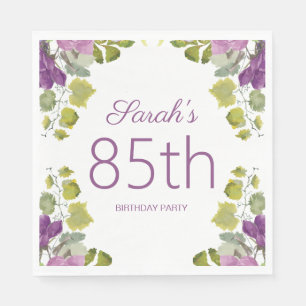 Purple Floral Green Leaves Vines 85th Birthday Napkin