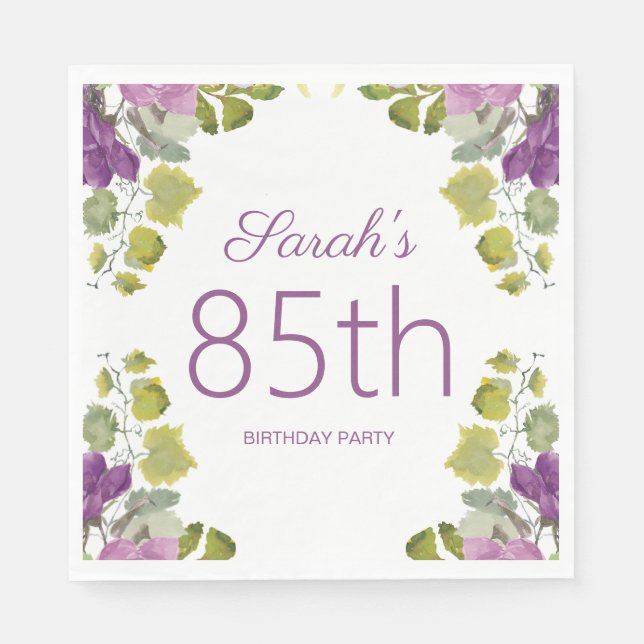 Purple Floral Green Leaves Vines 85th Birthday Napkin (Front)