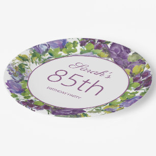 Purple Floral Green Leaves Vines 85th Birthday Paper Plate