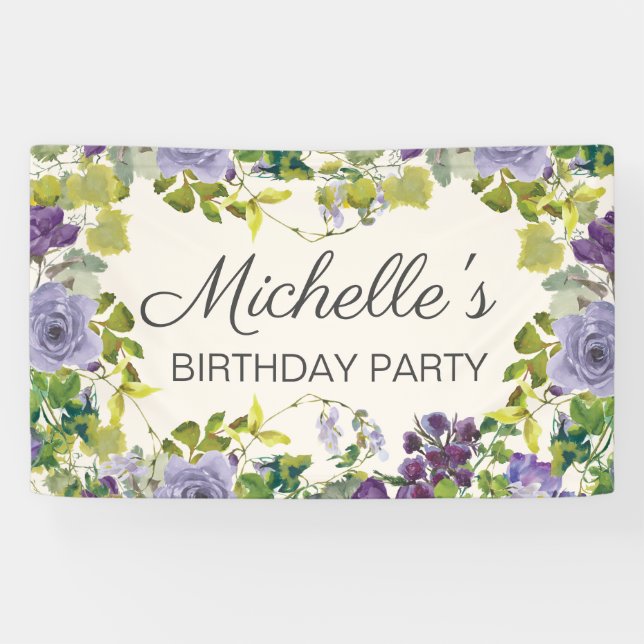 Purple Floral Green Leaves Women's Birthday Banner (Horizontal)