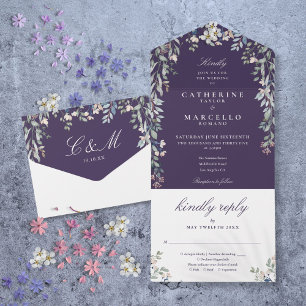 Purple Floral Greenery Cascade Wedding All In  All In One Invitation
