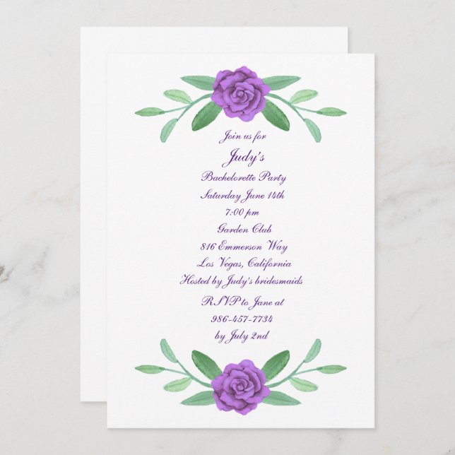 Purple Floral Greenery Foliage Bachelorette Party Invitation (Front/Back)