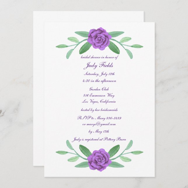 Purple Floral Greenery Foliage Bridal Shower Invitation (Front/Back)