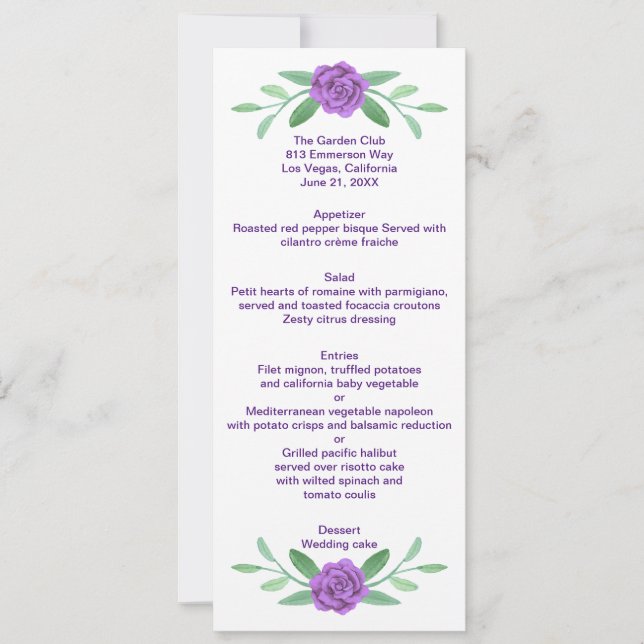 Purple Floral Greenery Foliage Wedding Menu Card (Front)