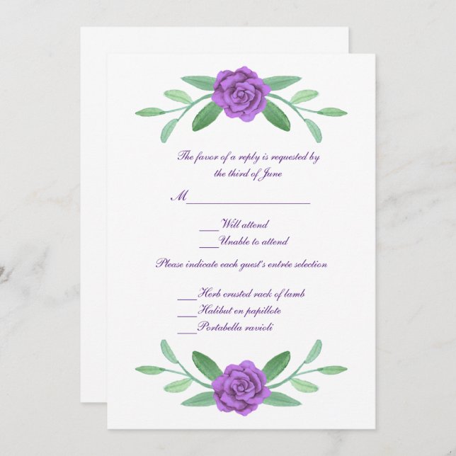 Purple Floral Greenery Foliage Wedding Response Invitation (Front/Back)