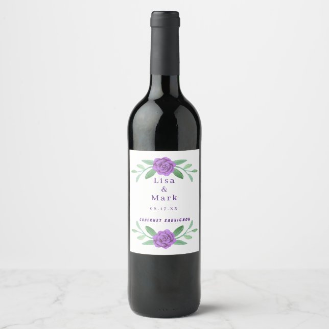Purple Floral Greenery Foliage Wedding Wine Labels (Front)