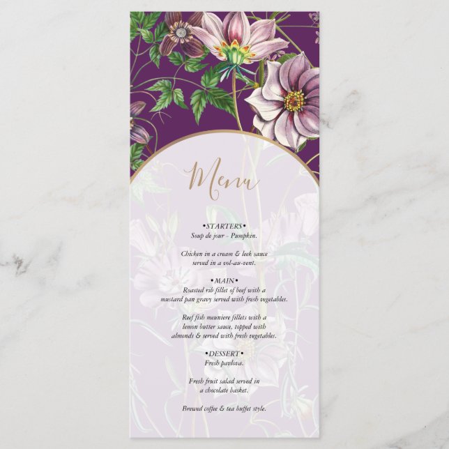 Purple Floral Greenery Gold Arch Wedding Menu (Front)