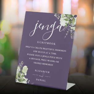 Purple Floral Greenery Jenga Wedding Guestbook Pedestal Sign