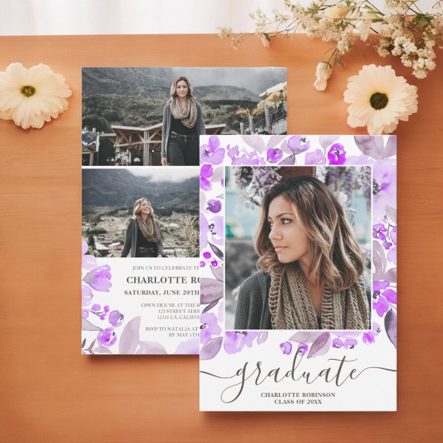 Purple floral greenery script photo graduation invitation (Purple floral greenery script photo graduation invitation)