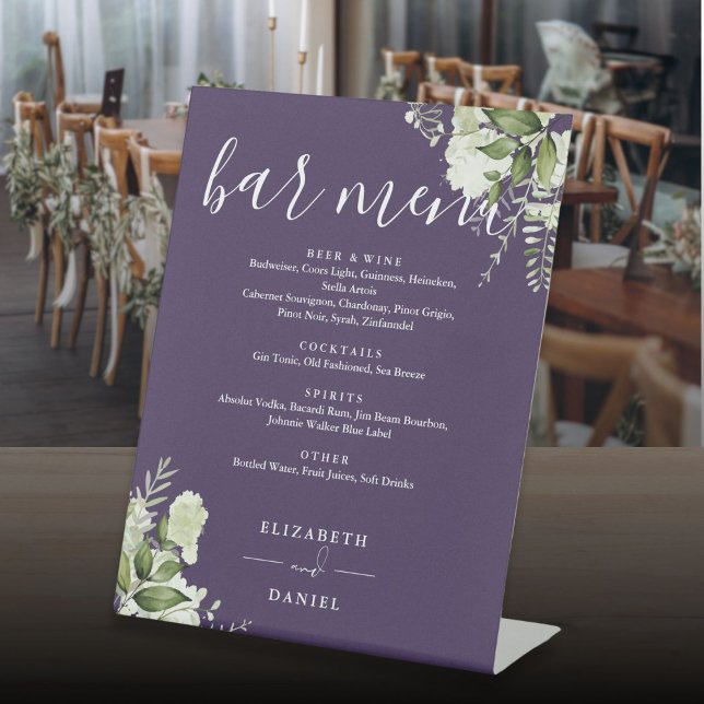 Purple Floral Greenery Wedding Bar Menu Pedestal Sign (Purple Floral Greenery Wedding Bar Menu Pedestal Sign)