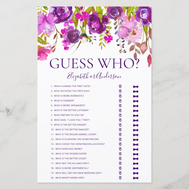 Purple Floral Guess Who Bridal Shower Game (Front)