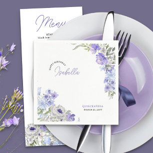 Purple Floral Happy Birthday Script Name Napkin