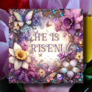 Purple Floral He Is Risen Butterflies Easter Holiday Card