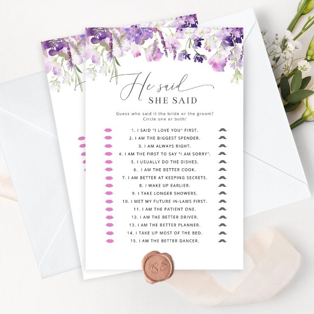 Purple floral He said she said bridal shower game (Creator Uploaded)