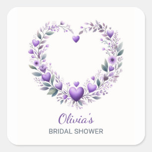 Purple Floral Heart Bridal Shower Invitation Square Sticker