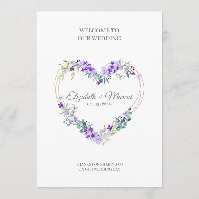 Purple Floral Heart for Wedding Sand Ceremony Program (Front)