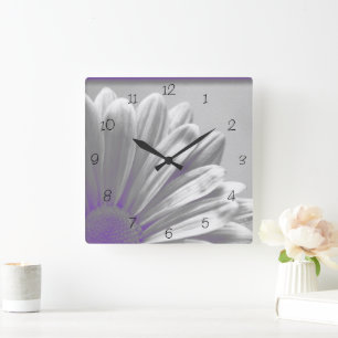 Purple Floral Highlights on Grey Square Wall Clock
