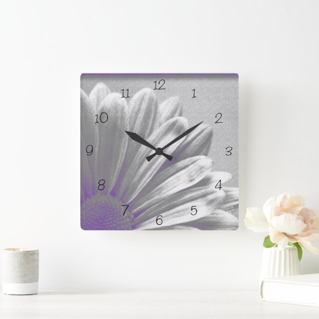 Purple Floral Highlights on Grey Square Wall Clock (Home)