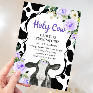 Purple Floral Holy Cow I'm One Girl First Birthday Invitation