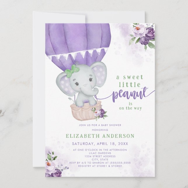 Purple Floral Hot Air Balloon Elephant Baby Shower Invitation (Front)