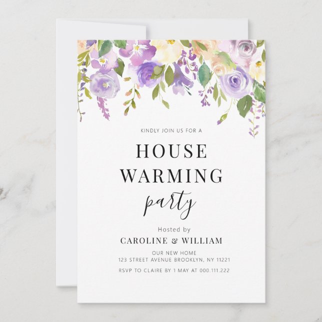 purple floral housewarming invitation (Front)