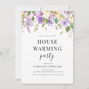 purple floral housewarming invitation
