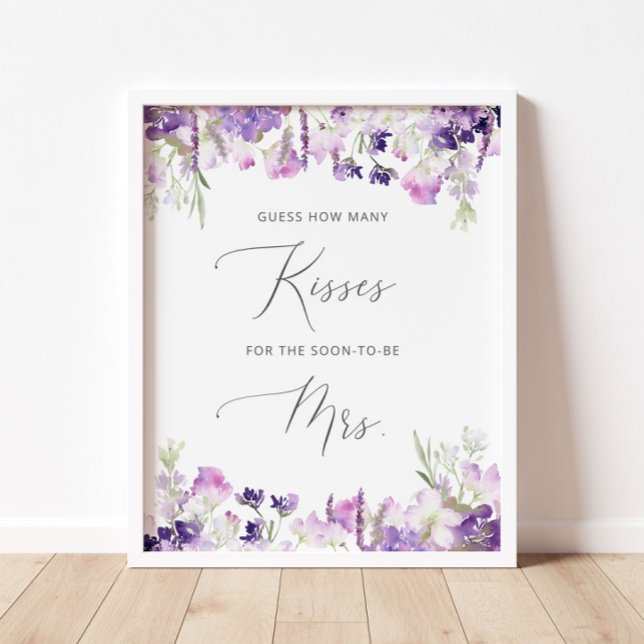 Purple floral how many kisses bridal shower game poster (Creator Uploaded)