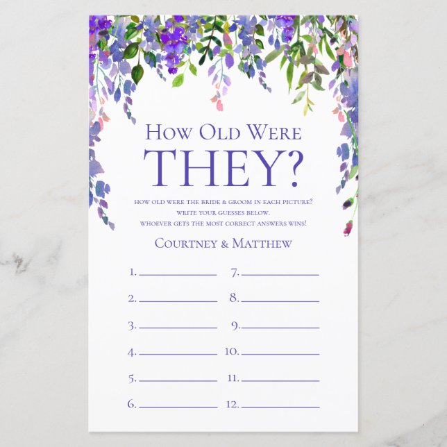 Purple Floral How Old Were They Bridal Shower Game (Front)