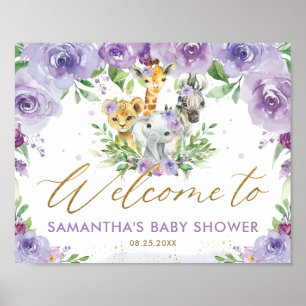 Purple Floral Jungle Animals Baby Shower Welcome Poster
