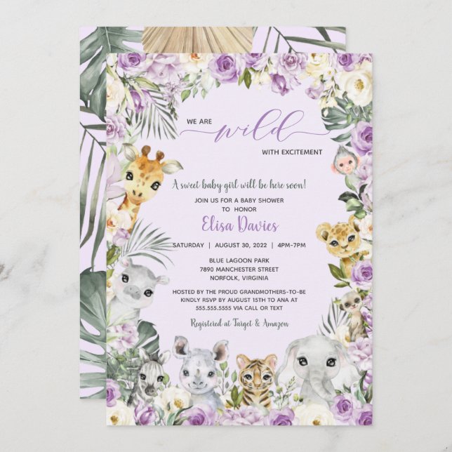 Purple Floral Jungle Safari Animals Baby Shower In Invitation (Front/Back)