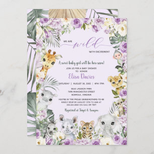 Purple Floral Jungle Safari Animals Baby Shower In Invitation