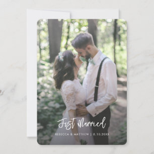 Purple Floral Just Married Script Wedding Photo Holiday Card