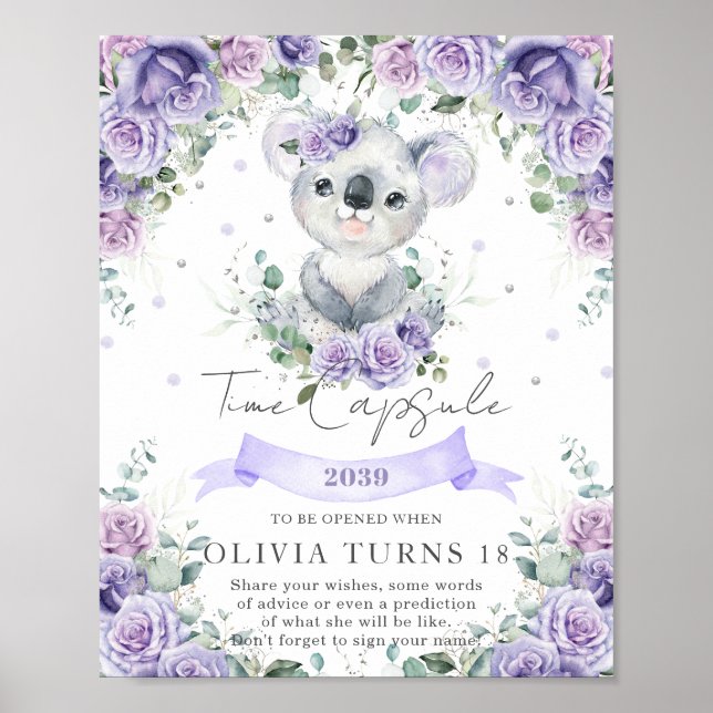 Purple Floral Koala 1st Birthday Time Capsule Sign (Front)