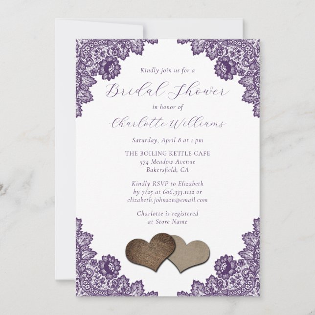 Purple Floral Lace Burlap Hearts Bridal Shower Invitation (Front)