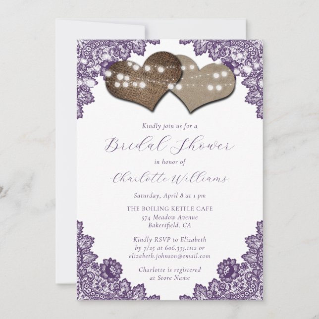 Purple Floral Lace Burlap Hearts Bridal Shower Invitation (Front)