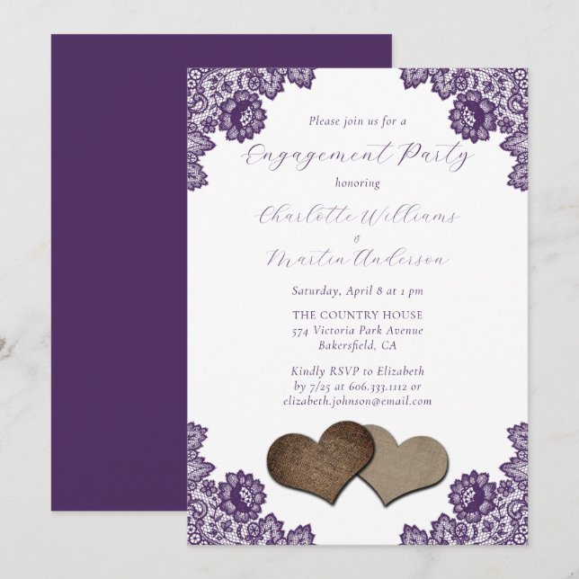 Purple Floral Lace Burlap Hearts Engagement Party Invitation (Front/Back)