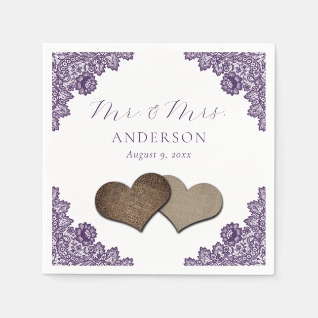 Purple Floral Lace Burlap Hearts Mr & Mrs Wedding Napkin (Front)