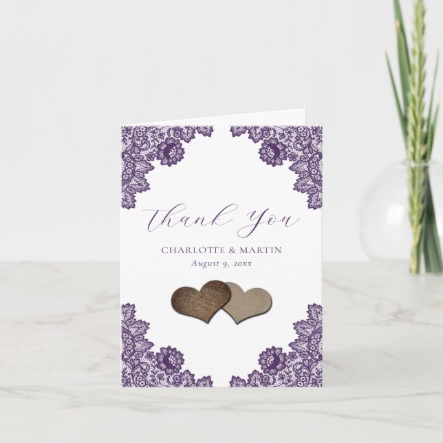 Purple Floral Lace Burlap Hearts Rustic Wedding Thank You Card (Front)
