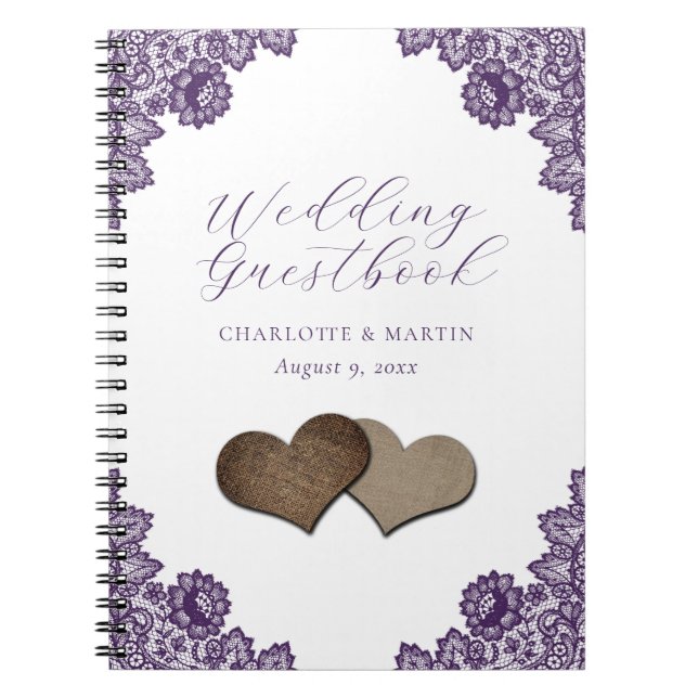 Purple Floral Lace Burlap Hearts Wedding Guestbook Notebook (Front)