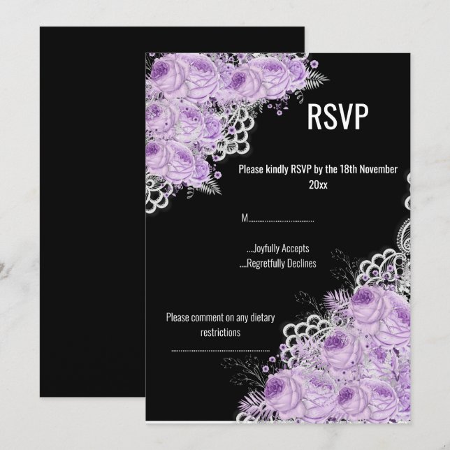 PURPLE Floral LACE ELEGANT MODERN RSVP Invitation (Front/Back)