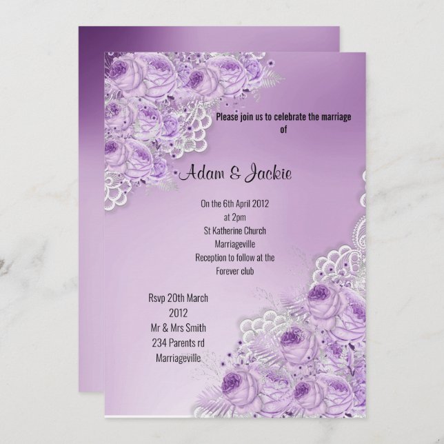 PURPLE Floral LACE ELEGANT MODERN WEDDING Invitation (Front/Back)