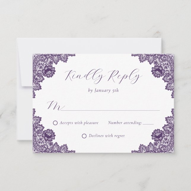 Purple Floral Lace Rustic Burlap Hearts Wedding RSVP Card (Front)